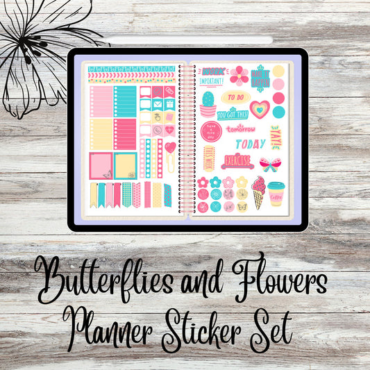 Butterflies and Flowers digital stickers - pink,yellow,teal blue. Pre-Cropped PNGs GoodNotes Files and Digital Planning